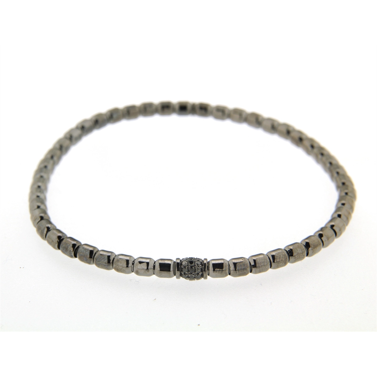 Hulchi Belluni Mens 18K White Gold with Black Rhodium Brushed Stretch Bracelet with Black Diamond Section