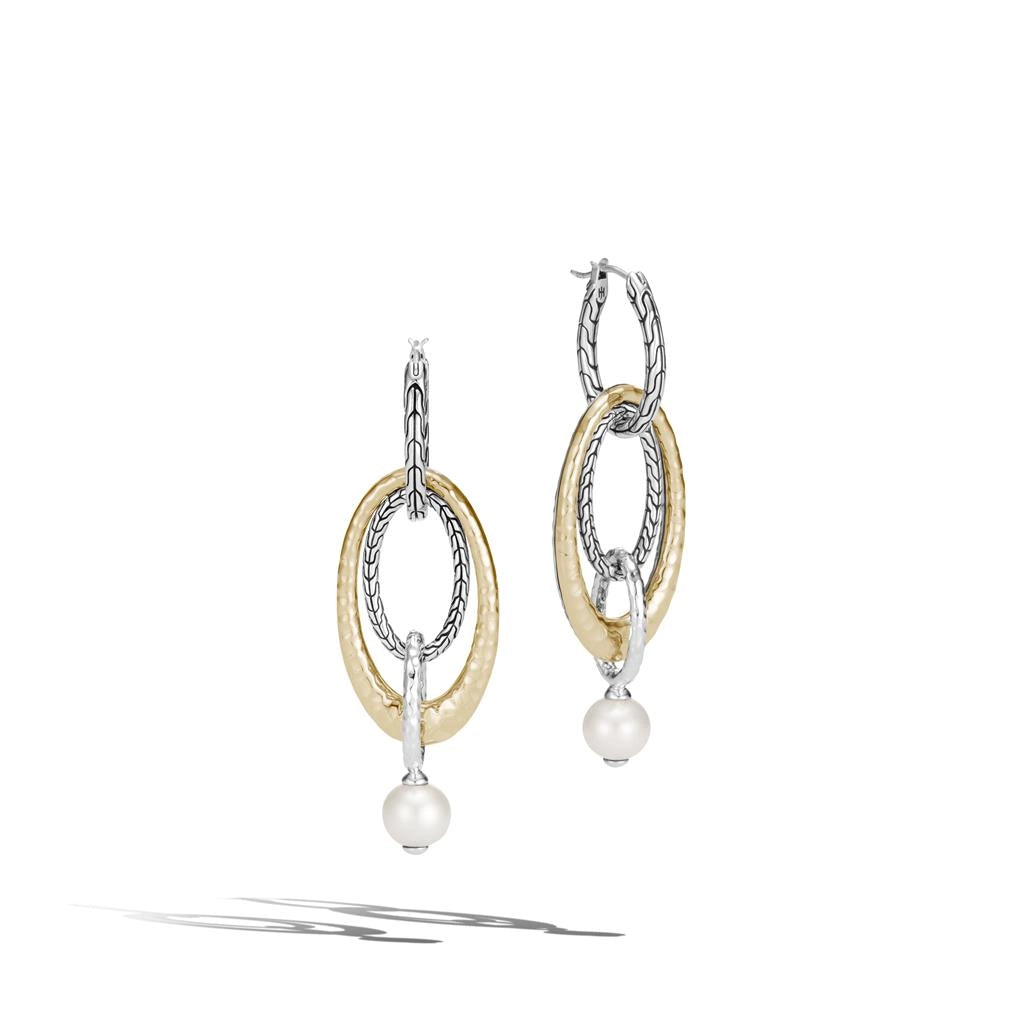 John Hardy Classic Chain Silver & 18K Gold Hammered Interlinking Drop Earrings with Fresh Water Pearls