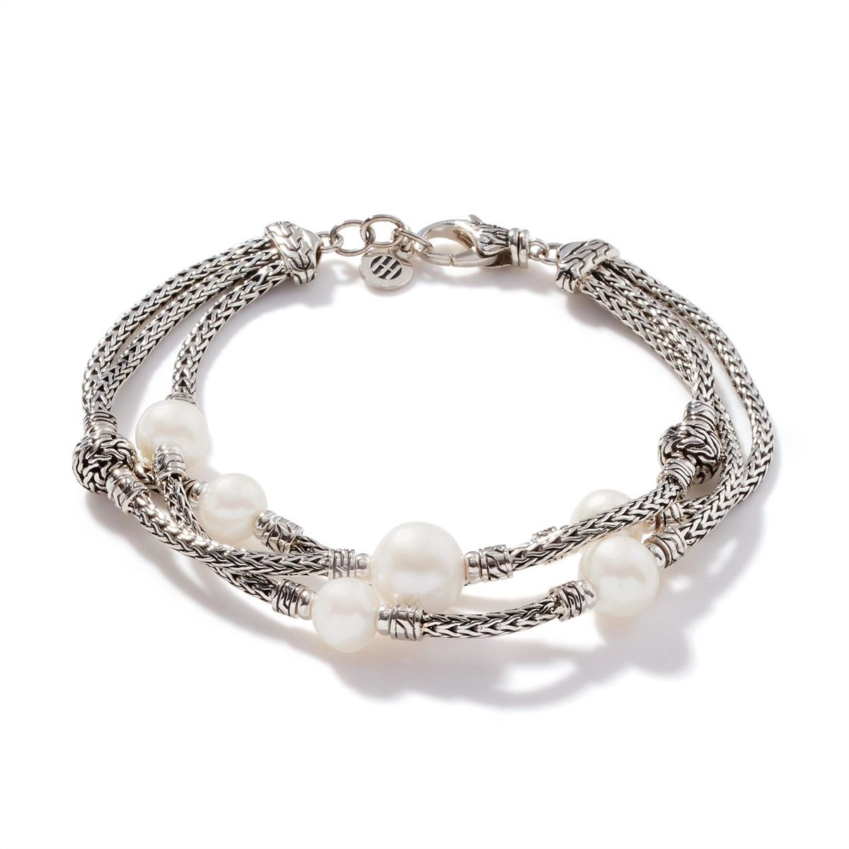 John Hardy Classic Chain Silver Triple Row Bracelet with Lobster Clasp with 7-10mm Fresh Water Pearl