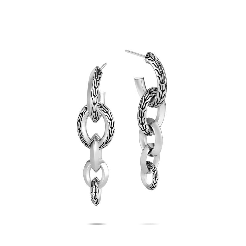 John Hardy Classic Chain Sterling Silver Knife Edge Interlink Long Drop Earrings