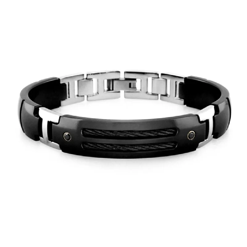 Men's Midnight Cable Collection Black Titanium 12mm Cable Black Spinel Sterling Silver Bezel Bracelet, 8"