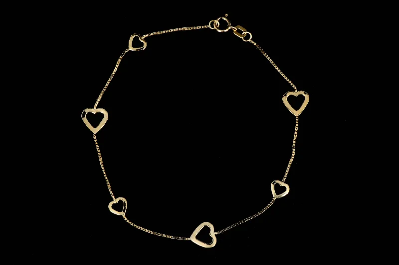 New 14K Yellow Gold Heart Station Bracelet