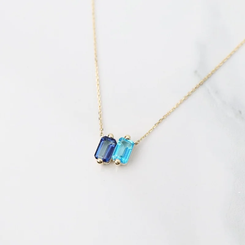 14k Yellow Gold Blue Ombre Baguette Necklace