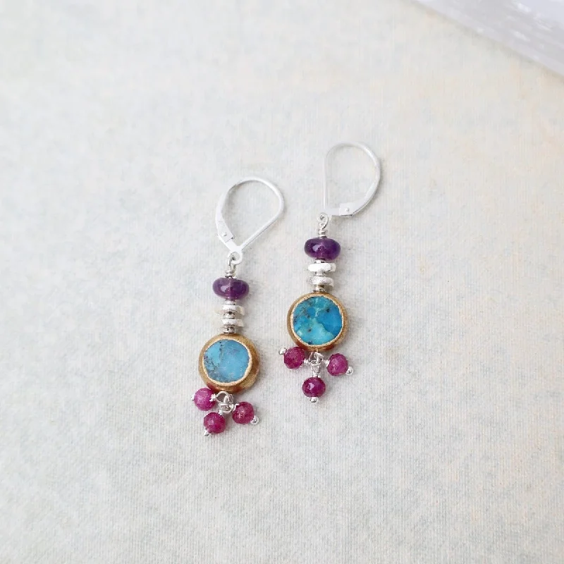 Turquoise & Ruby Drop Earrings