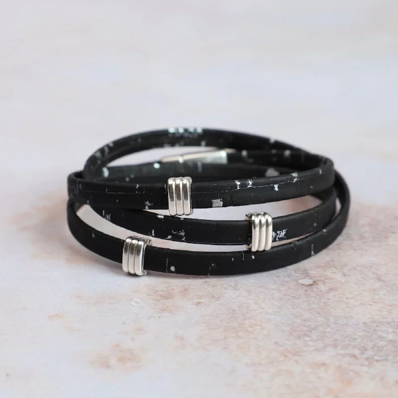 Triple Wrap Cork Bracelet With Striped Bands - Black Silver